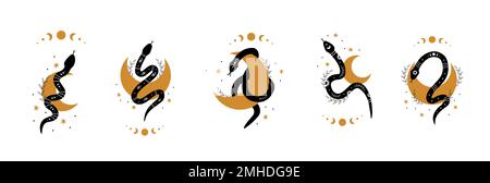 Ensemble de serpents magiques dans le style boho avec lune. Des symboles mystiques dans un style minimaliste tendance. Illustration du vecteur ésotérique Illustration de Vecteur