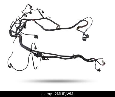 Un câble de fils matés de différentes couleurs avec des connecteurs dans le câblage électrique de la voiture. Ligne Internet dans le travail du fournisseur. Banque D'Images