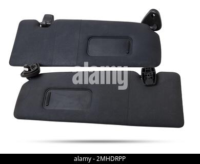 Intérieur du pare-soleil de voiture. Pare-soleil noir automatique avec miroir sur fond blanc isolé. Industrie de l'auto-service. Catalogue des pièces de rechange. Banque D'Images