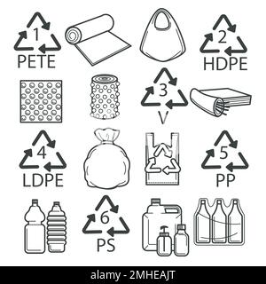 Symboles de recyclage, emballages en plastique ou icônes d'emballage isolées Illustration de Vecteur