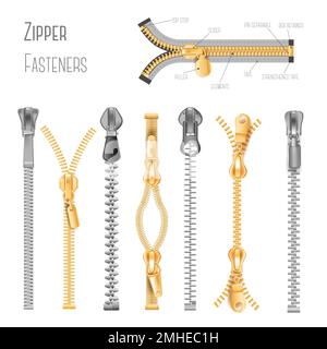 Fermetures à glissière et fixations en métal ou en plastique, composants de vêtements, objets isolés Illustration de Vecteur