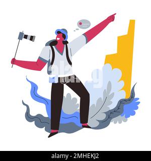 Voyage blogueur, gars randonnée avec caméra embarquée, homme avec sac à dos Illustration de Vecteur