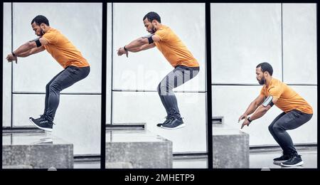 Fitness, saut et collage avec un homme noir sportif en plein air dans la ville pour un entraînement pour devenir fort. Faites de l'exercice, sautez et faites des séries avec un athlète masculin Banque D'Images