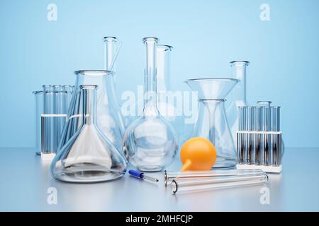 3d illustration d'un jeu d'instruments de laboratoire. Kit de recherche en laboratoire chimique sur fond bleu Banque D'Images