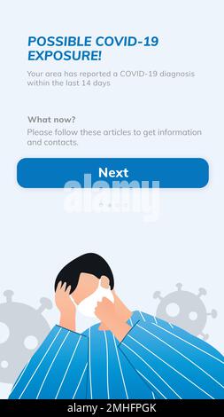 Écran mobile vectoriel du modèle d'application de notifications d'exposition COVID-19 Illustration de Vecteur