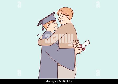 Un jeune homme diplômé de l'université en robe d'université embrasse le père après avoir reçu un diplôme d'études supérieures. Fier homme avec son fils lors de la cérémonie pour marquer la fin de l'année universitaire. Illustration vectorielle plate Illustration de Vecteur