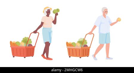 Retraités avec panier et légumes semi-plat couleur vecteur jeu de caractères Illustration de Vecteur