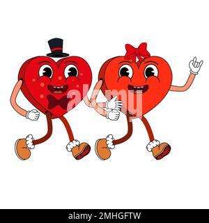 Groovy Saint-Valentin couple coeur personnages icône sticker ensemble tendance vintage 70s 60s esthétique Illustration de Vecteur