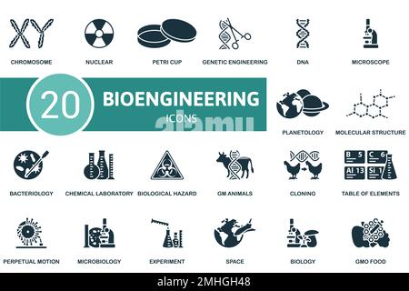 Jeu d'icônes de bioingénierie. Collection d'icônes de bioingénierie simple monochrome. Chromosome, nucléaire, boîte de Petri, génie génétique, ADN, Microbiologie Illustration de Vecteur