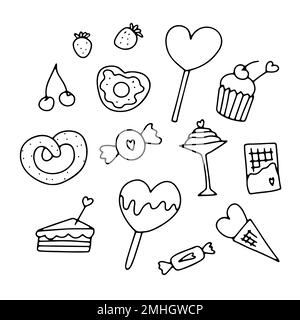 Ensemble de friandises pour la Saint-Valentin Doodle. Desserts dessinés à la main avec des coeurs mignons. Décrivez les bonbons, gâteaux, boissons, baies, glaces, beignet, chocolat. LOL Illustration de Vecteur