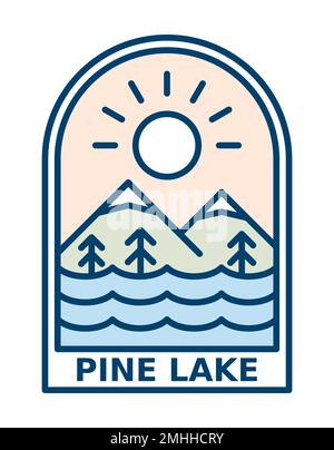 Montagne avec lac et pins dans l'emblème du soleil. Logo Line art extérieur. Collines enneigées et paysage forestier. Randonnée pédestre, concept de camping. Illustration de Vecteur
