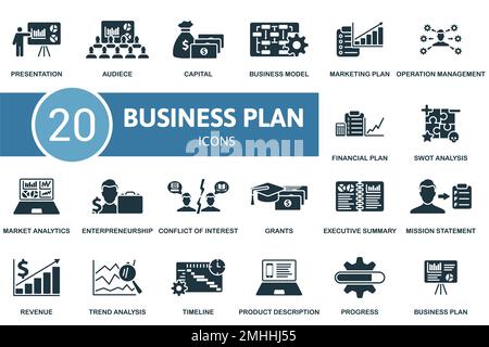 Ensemble d'icônes de business plan. Collection d'icônes de Business Plan simple monochrome. Présentation, Audio, Capital, modèle d'entreprise, Plan de marketing, Tendance Illustration de Vecteur