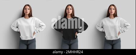 Modèle de sweat-shirt blanc, noir, chiné sur une fille, vêtements pour femmes vue avant, isolé sur fond. Ensemble de chemises décontractées, 2 en 1 à manches longues Banque D'Images