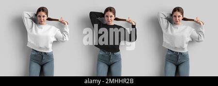 Modèle d'un sweat-shirt blanc, noir, chiné sur une fille redressant ses cheveux, vêtements de femmes avant, pour le design, la publicité. Chemise décontractée Banque D'Images