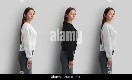 Maquette d'un sweat-shirt court, blanc, noir, chemise chinée sur une fille, vue latérale, isolée sur fond. Modèle de vêtements vierge, vêtements pour femmes pour de Banque D'Images