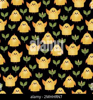 Motif sans couture avec des poulets jaunes amusants. Texture aquarelle dessinée à la main avec de jolis oiseaux sur fond noir. Imprimé Pâques, illustration raster Banque D'Images