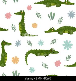 Joli motif crocodile et fleurs sans couture sur fond blanc. Imprimé pixellisé pour les vêtements, le papier peint et les vêtements pour enfants Banque D'Images