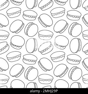 Petits gâteaux de macarons français, motif sans couture. Sucreries de macaron dessinées à la main. Contour des gâteaux de confection fond. Décor de pâtisseries desserts. Illustration vectorielle. Illustration de Vecteur