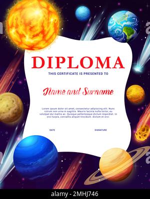 Diplôme d'exploration de l'espace pour enfants, planètes et étoiles de la galaxie cartoon. Certificat vectoriel avec système solaire de dessin animé et objets d'univers. Enseignement des sciences de l'astronomie, cadre de prix scolaire ou modèle de frontière Illustration de Vecteur