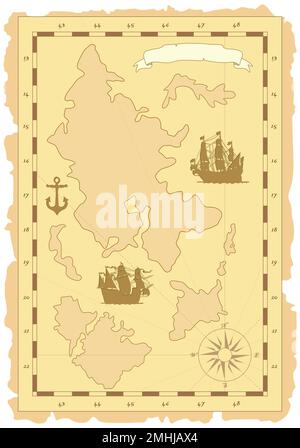 Image vectorielle d'une page de carte nautique vintage non définie avec des îles et des navires.convient aux jeux de société pour enfants et aux salles à thème, enregistrements quotidiens Illustration de Vecteur