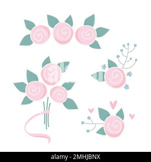Ensemble de fleurs roses simples, bouquet, boutonnière. Illustration vectorielle de la décoration de mariage. Illustration de Vecteur