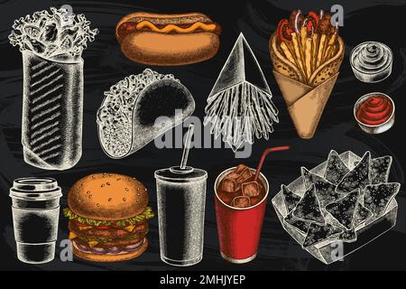 Collection d'illustrations vectorielles dessinées à la main Street Food. Sauces stylisées, nachos, soda, gyros, hamburgers, taco, shawarma, frites, hot dog, gobelet en papier Illustration de Vecteur