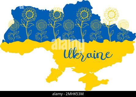 Carte de l'Ukraine décorée de tournesols et d'écriture typographique stylisée dans les couleurs du drapeau ukrainien jaune et bleu Illustration de Vecteur