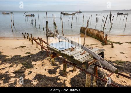 Baie d'Arcachon. L'herbe village huître traditionnel en bord de mer. Aquitaine, France Banque D'Images