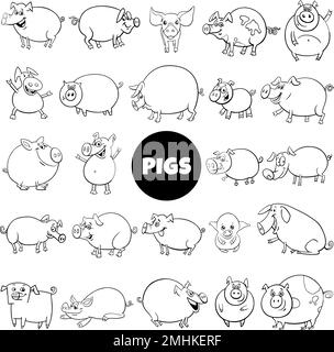 Illustration de dessins animés en noir et blanc de cochons et porcelets amusants grand ensemble de personnages d'animaux de ferme Illustration de Vecteur