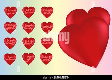 Ensemble de coeurs avec inscriptions. Concept pour la Saint-Valentin, l'anniversaire, la fête des mères, la fête des femmes. Fond universel de vacances. Image vectorielle. Illustration de Vecteur