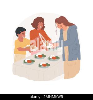 Cuisiner des aliments pour les sans-abri illustration vectorielle isolée. Les enfants cuisent de la nourriture pour les sans-abri avec les parents, prenant soin des mendiants, la vie familiale, la caricature de vecteur de croissance personnelle. Illustration de Vecteur