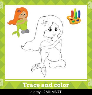 Tracé et couleur pour enfants, illustration vectorielle de sirène. Illustration de Vecteur