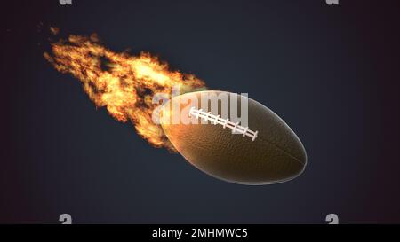 Ballon de rugby américain volant avec flammes. 3d illustration Banque D'Images