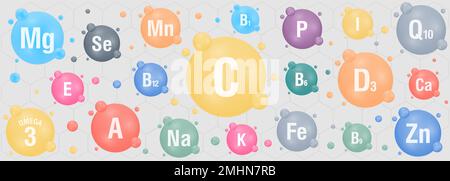 Complexe minéral et vitaminé essentiel. Vecteur de conception créative avec différentes couleurs de pilules de vitamines brillantes. Illustration vectorielle Illustration de Vecteur