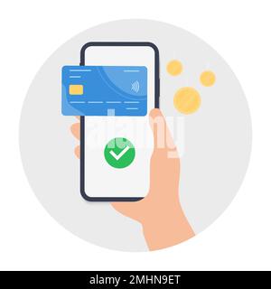 Concept de paiement en ligne. La main contient un smartphone sur lequel l'application avec paiement est ouverte. Transfert d'argent réussi. Services bancaires en ligne Illustration de Vecteur