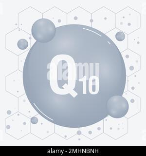 Q10 icône en forme de capule brillant. Complexe vitaminique avec formule chimique, coenzyme Q 10, ubiquinone. Des médicaments pour la santé, des annonces de beauté. Illustration vectorielle Illustration de Vecteur