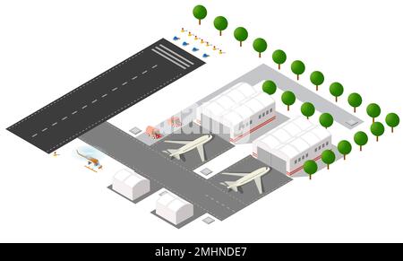 L'aéroport de la ville, les arbres et le vol de construction et de construction, terminal, avions et voitures illustration vectorielle. Illustration de Vecteur