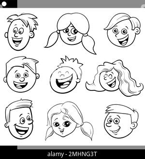 Dessin animé noir et blanc représentant les visages des enfants ou des adolescents Illustration de Vecteur