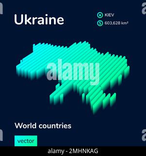 Carte vectorielle stylisée à rayures fluo isométrique Ukraine 3D en vert menthe sur fond bleu foncé Illustration de Vecteur