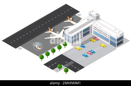 L'aéroport de la ville, les arbres et le vol de construction et de construction, terminal, avions et voitures illustration vectorielle. Illustration de Vecteur