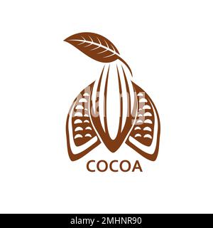 Cacao, cacao, icône de cacao pour les produits ou emballages de chocolat, vecteur isolé. Graines de cacao ou de cacao, feuilles et gousses pelées, pour aliments sucrés et desserts au cacao Illustration de Vecteur