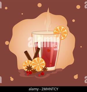 Vin chaud dans un verre à l'orange, à la cannelle, au béjajan et aux baies. Les bulles et la vapeur transmettent la chaleur et le agrément. Illustration de Vecteur