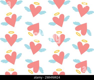 Motif vectoriel sans couture de coeur plat dessiné à la main avec ailes d'ange isolées sur fond blanc Illustration de Vecteur