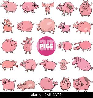 Illustration de dessins animés de cochons et porcelets amusants animaux de ferme personnages grand ensemble Illustration de Vecteur