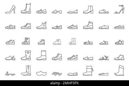 Icônes de la ligne de chaussures homme et femme. Chaussures à talons hauts, combat, cowboy, bottes d'hiver et de caoutchouc, sandales homme et femme, baskets chaussures de sport, mocassins, tongs et chaussons, symboles pour chaussures vectorielles Illustration de Vecteur