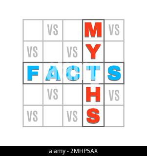 Icône mythes vs faits. Vérité et faux, vrai contre mensonge, réalité contre fiction badge isolé. Fausses nouvelles, vérification des faits ou mythe busting quizz emblème en forme de grille isolée de jeu de mots croisés Illustration de Vecteur