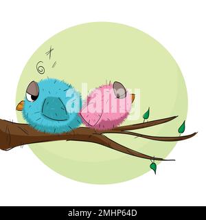 Belle illustration vectorielle de deux petits oiseaux en colère sur une branche d'arbre avec une grande lune en arrière-plan Illustration de Vecteur