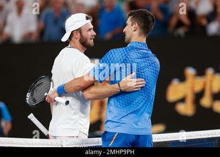 Melbourne, Australie. 27th. Janvier 2023. L-R. Tommy Paul félicite le joueur de tennis serbe Novak Djokovic au tournoi Open d'Australie à Melbourne Park le vendredi 27 janvier 2023. © Juergen Hasenkopf / Alamy Live News Banque D'Images