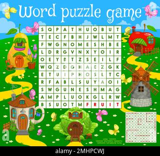 Jeu de puzzle à recherche de mots, maisons et habitations magiques de conte de fées, fiche de questionnaire vectoriel. Grille de recherche de mot pour enfants avec maisons d'orf de dessin animé et maisons de village en coupe, moulin à vent et pomme ou poire de fée Illustration de Vecteur