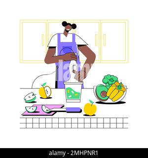 Illustrations vectorielles de dessins animés isolées de cuisine végétalienne. Vegan sport fille cuisine dans la cuisine, nourriture maison, alimentation saine, préparation de salade de légumes, vitamines bio vecteur caricature. Illustration de Vecteur